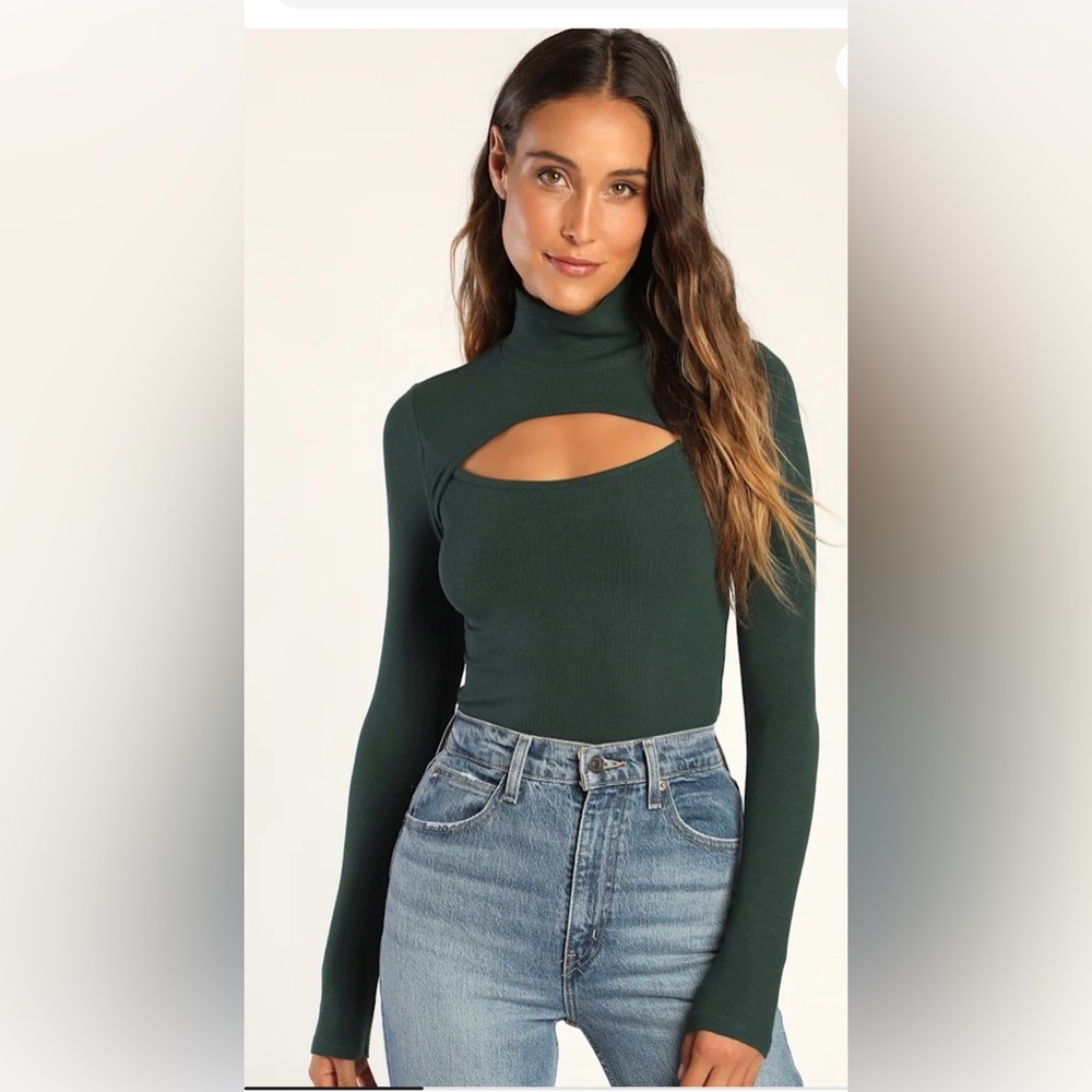 Lulus flirty little secret forest green ribbed mock neck cutout top